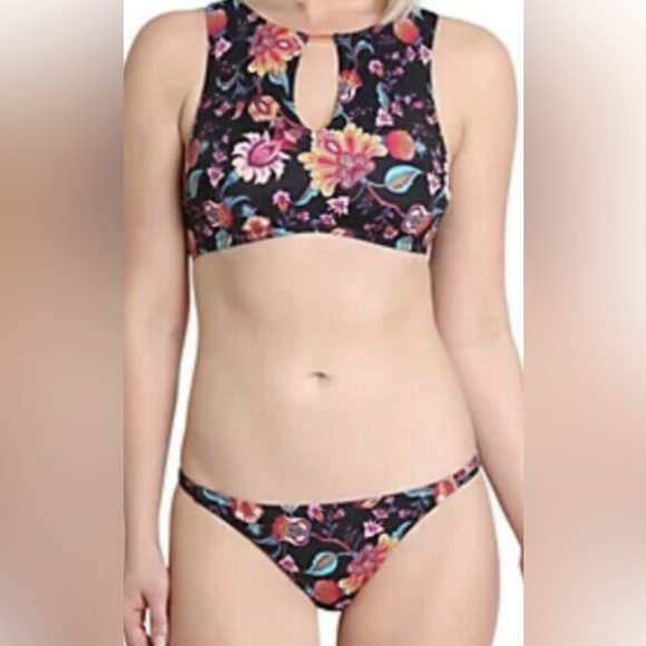 Nanette Lepore swim Bikini Floral print Black Aqua Pink 10 misses - Picture 1 of 12